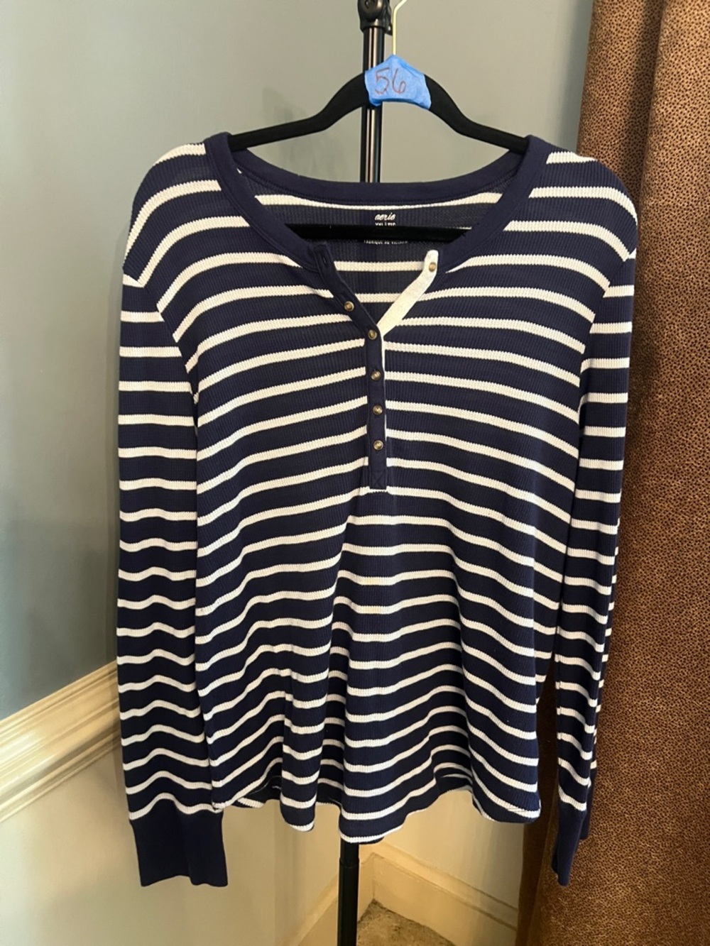 aerie Navy and White Striped Henley Long Sleeve Top - Picture 1 of 3